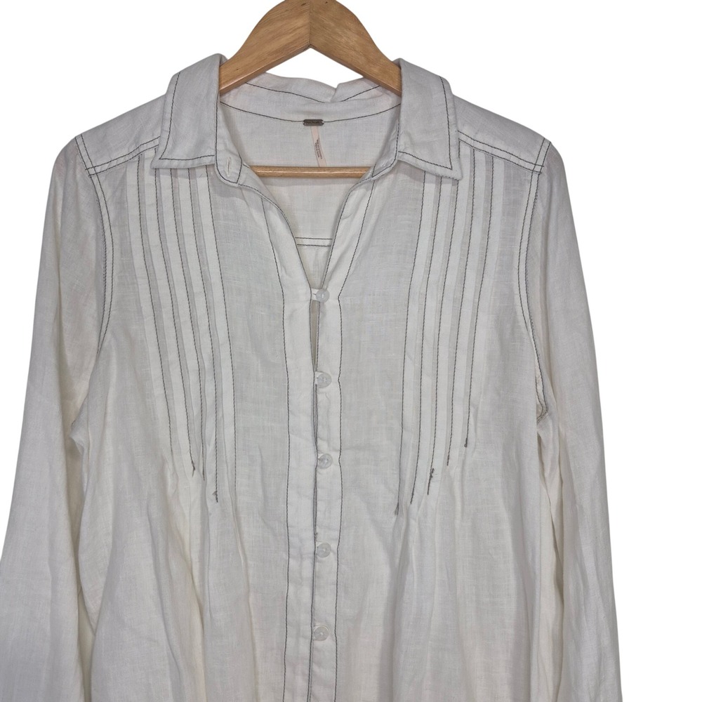 Free People Breezy Mornings Linen Long Sleeve Button Down Shirt Womens Medium